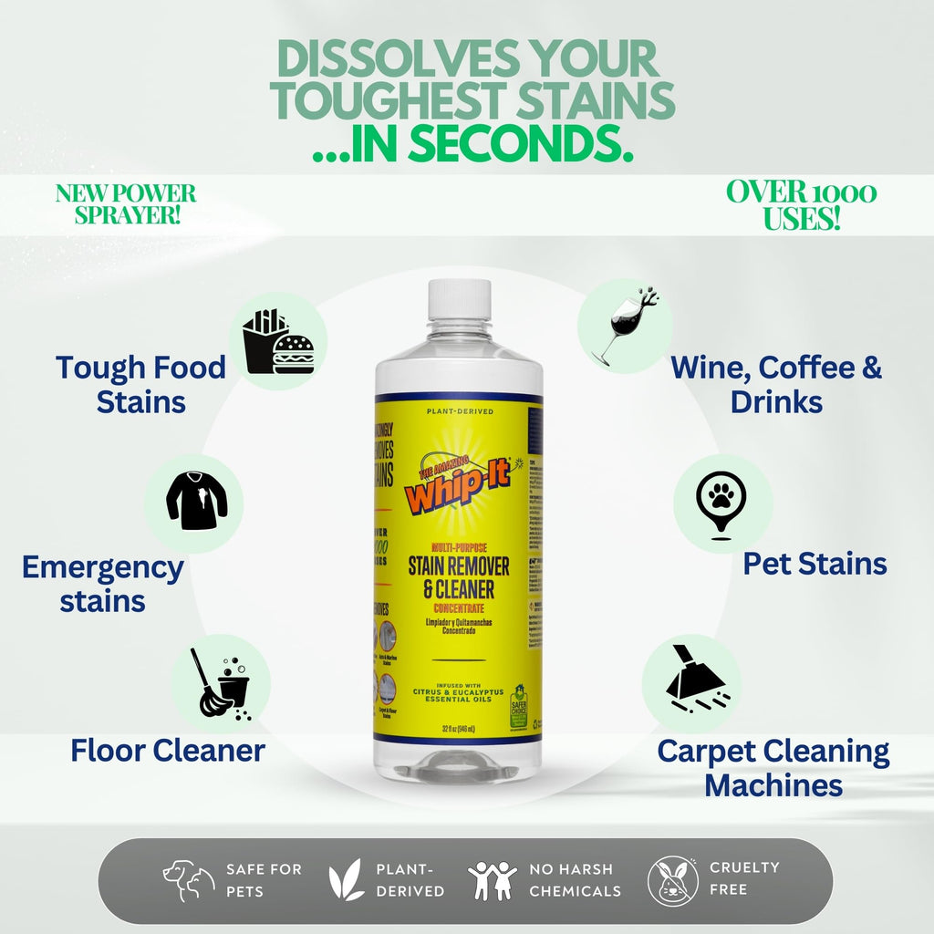 Whip It Cleaner, Multi Purpose Stain Remover CONCENTRATE, Makes 32 Bottles, Plant Based Enzyme Cleaner, Cleaning Food, Grease, Coffee, Wine, Baby Stains, pet stains, Over 500 uses, Made in USA, 32 OZ