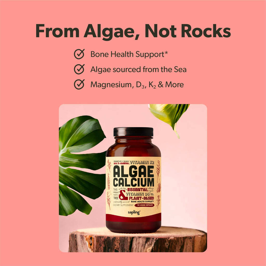 sapling Calcium Supplement - Whole Food with Vitamin K2 & D3, Magnesium, Zinc, Boron, Mineral Complex. Sourced Sustainably from Red Algae. for Bone Strength and Support. Non-GMO & Vegan 90 Capsules.