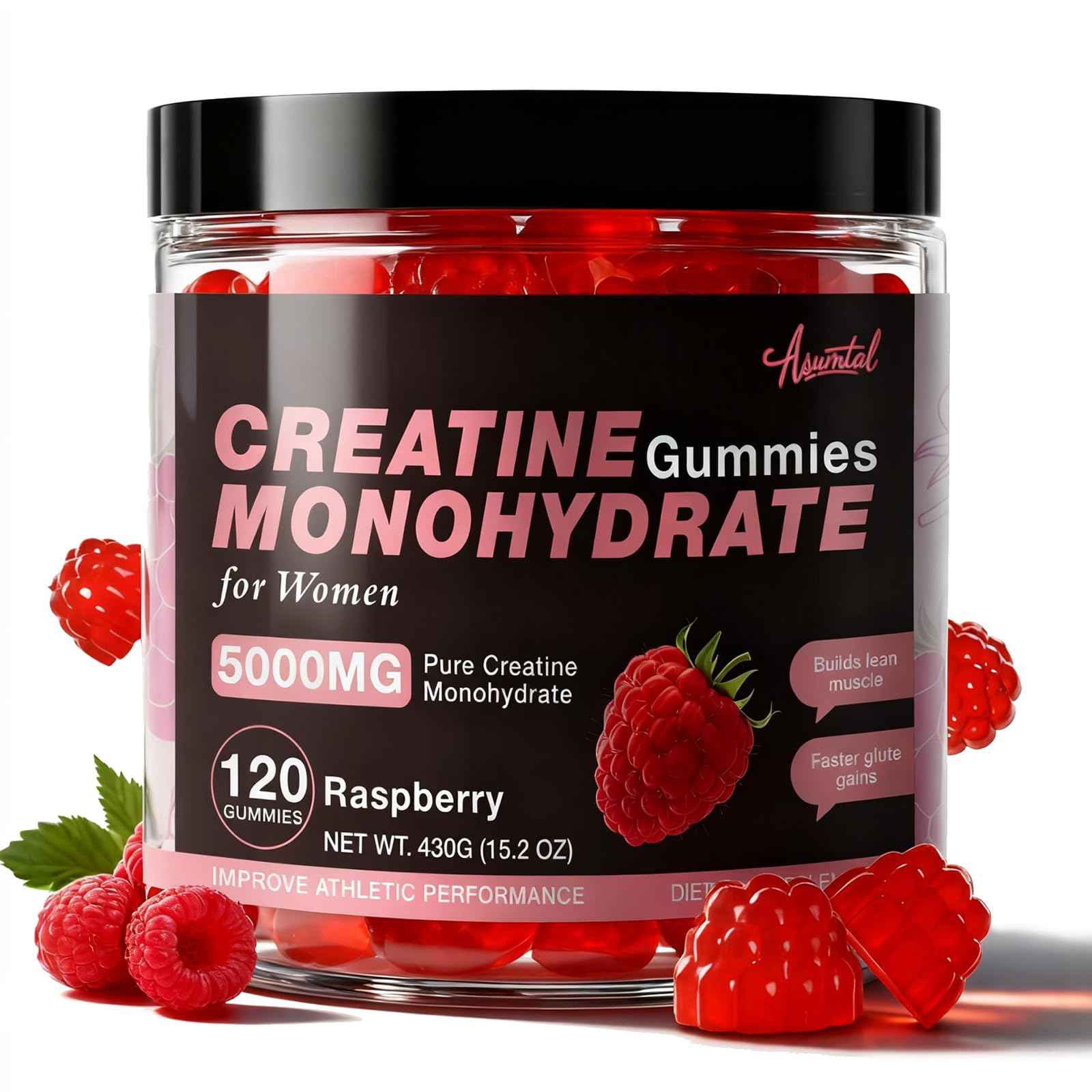 Asumtal Creatine for Women 5000 MG, Creatine Gummies, Creatine Monohydrate Supplement for Muscle Growth, Strength & Energy Support, Sugar Free Pre Workout Gummies 120 Count Raspberry Flavor