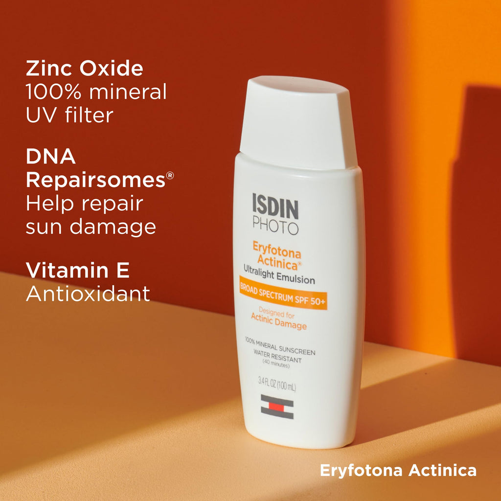ISDIN Eryfotona Actinica Zinc Oxide sunscreen with 100% mineral UV filter Broad Spectrum SPF 50+, No White Cast, Suitable for Sensitive Skin, 3.4 Fl Oz