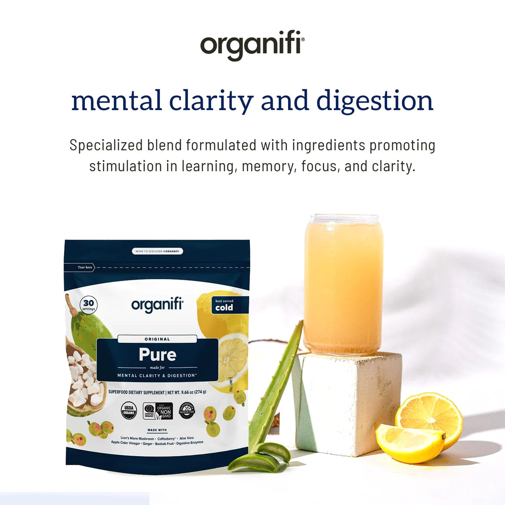Organifi Pure - Promotes Stimulation in Learning, Memory, Focus, and Clarity - Brain Support with Superfoods - Gluten-Free and Non GMO - Best Served Cold, 30 Servings