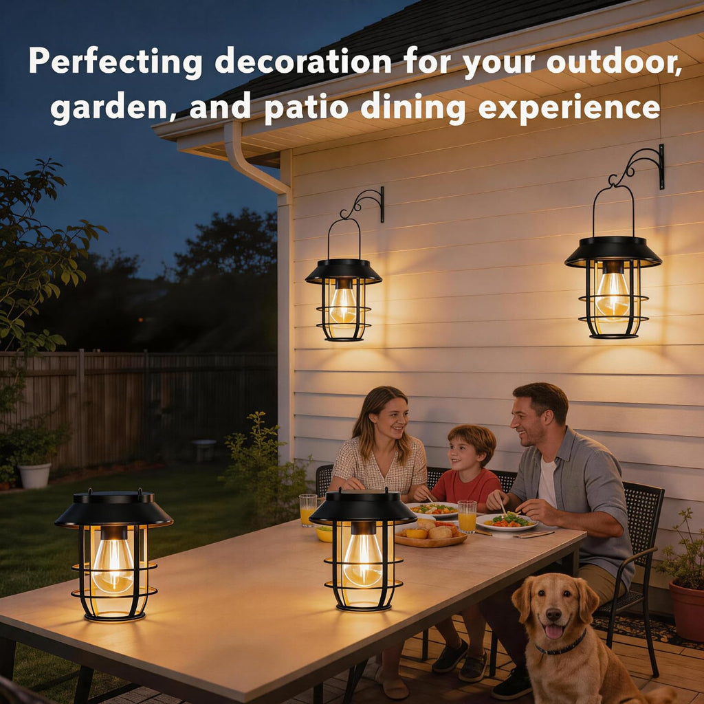 Solar Lanterns Outdoor Waterproof, High Brightness Hanging Solar Lights for Outside with Wall Hooks, Halloween Decor Retro Metal Outdoor Lanterns Auto On/Off for Patio, Yard Decor, Black,4Pack