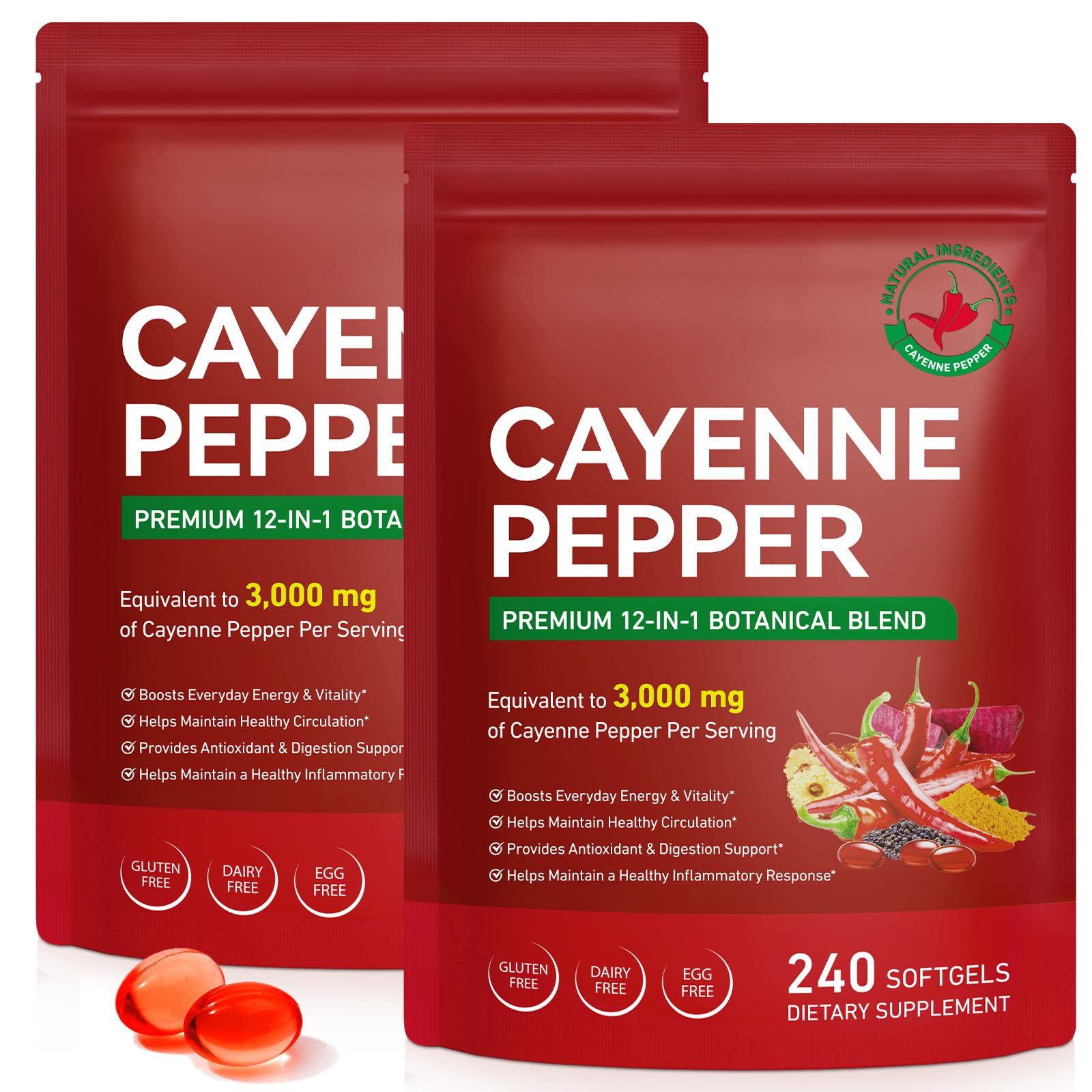 2 PCS Cayenne Pepper Softgels Supplement | 12-in-1 3000mg per Serving with Vitamins D3, K2 & E | Supports Healthy Circulation & Daily Energy | Features Hawthorn, Beetroot & Turmeric | 240 Capsules