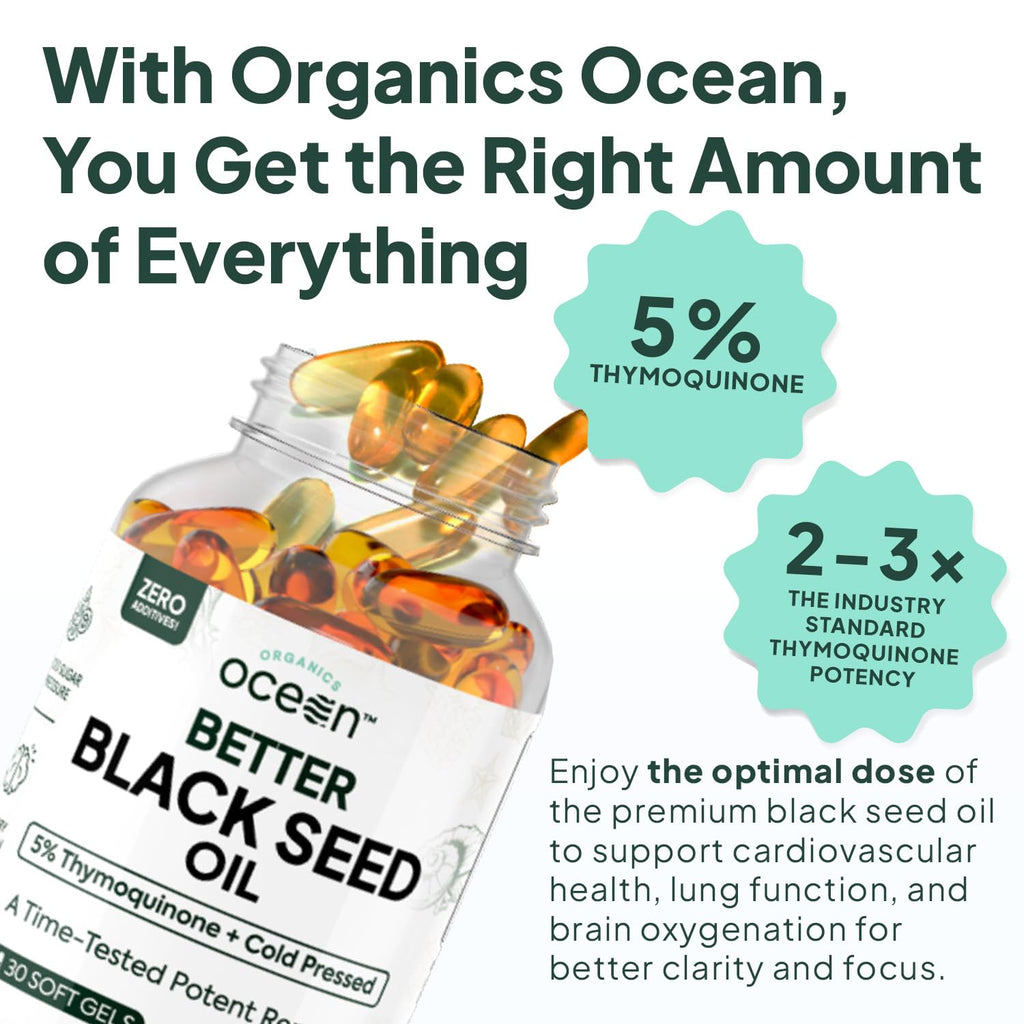 Organics Ocean Better Black Seed Oil Cold Pressed - Pure Nigella Sativa Oil for Immune Support - 5% Thymoquinone - Support Memory, Vitality, and Cellular Health - 6 Pack Bulk Supply