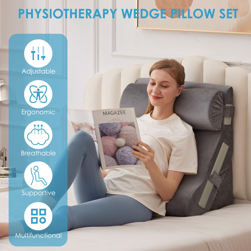 MEGCXIT 3PCS Bed Wedge Pillow for Headboard, Adjustable Wedge Pillow for Sleep Apnea, 23” Wide Triangle Pillow Wedge Set for After Surgery, Acid Reflux Relief, Snoring, Neck&Back Support, Grey