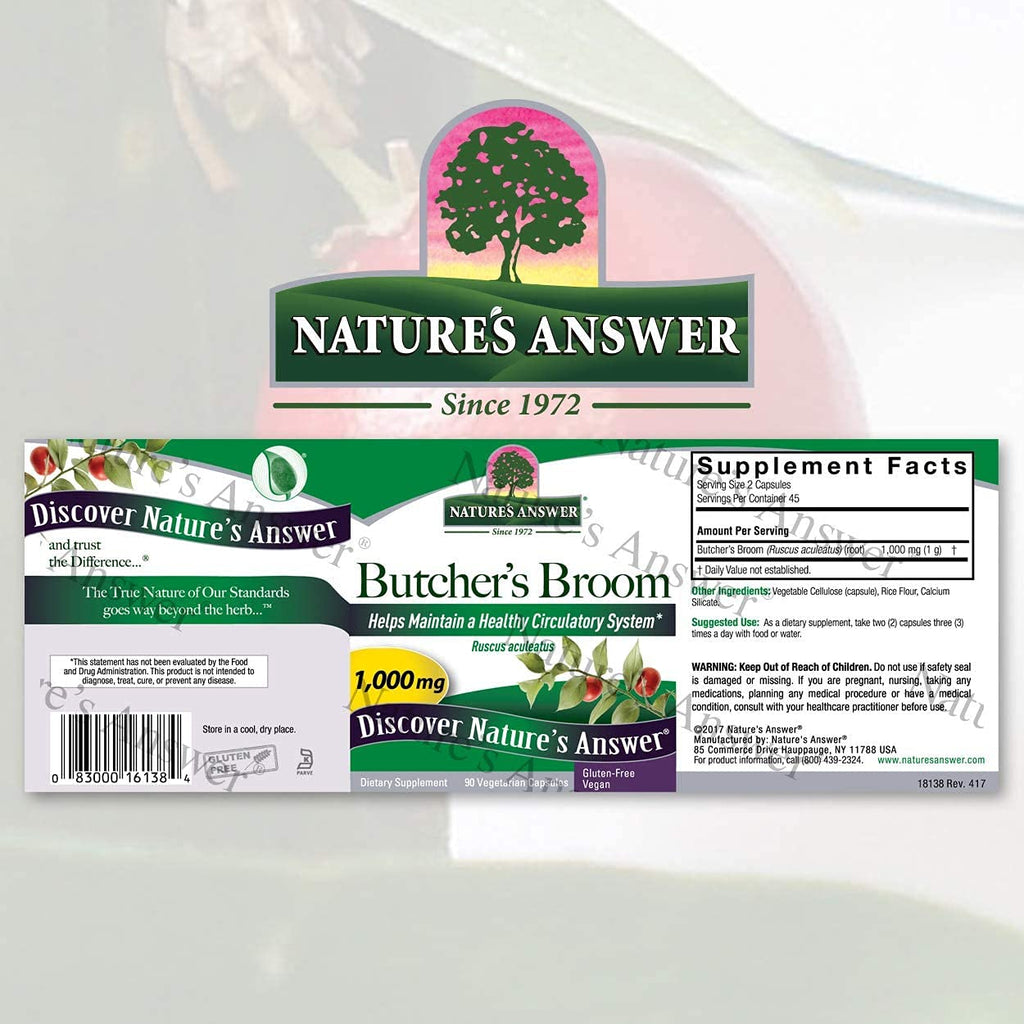 Nature's Answer Butcher's Broom Root Supplement Capsules 90 Count | Promotes Blood Circulation | Vegan | Gluten-Free | Pack of 2