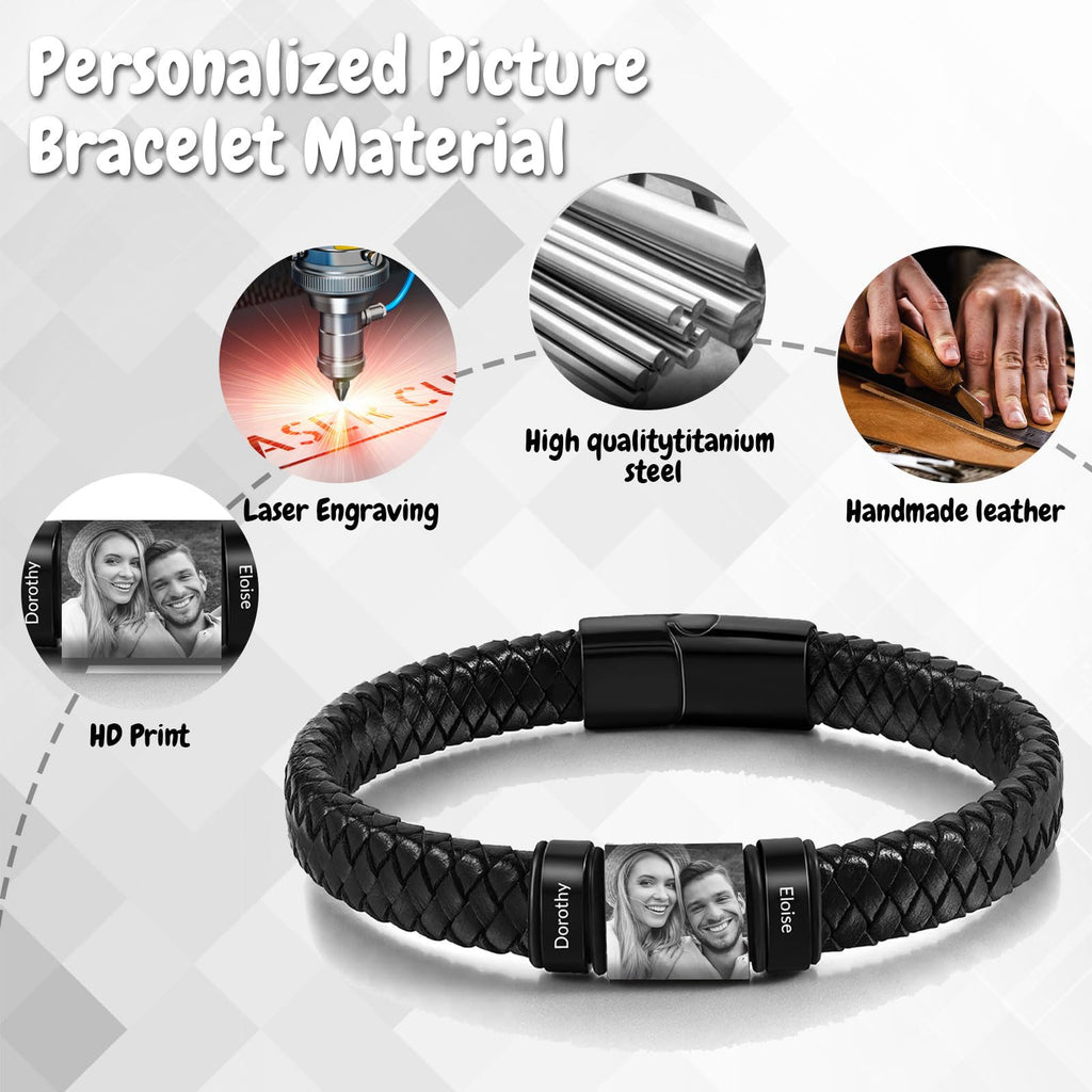 Personalized Picture Bracelet for Men Custom Engraved Bracelets with Photo Name,Custom Bracelet Gift for Boyfriend Husband Father's Day Christmas (Black)