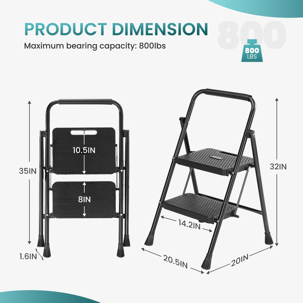 Smug Step Ladder, 2 Step Stool Foldable with Anti-Slip Pedal & Comfortable Handrail, 800lbs Capacity Sturdy Steel Ladder, Protable Heavy Duty Step Stool for Kitchen, Garage & Outdoor Use, Black