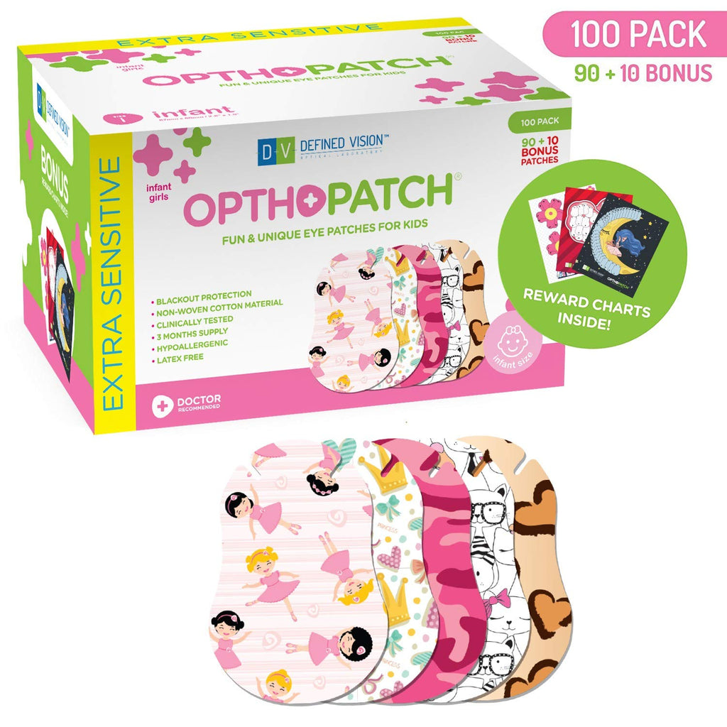 Opthopatch Eye Patches for Infants - Extra Sensitive Adhesive - Girls' Design [Series II] - 100 Count + 3 Reward Charts