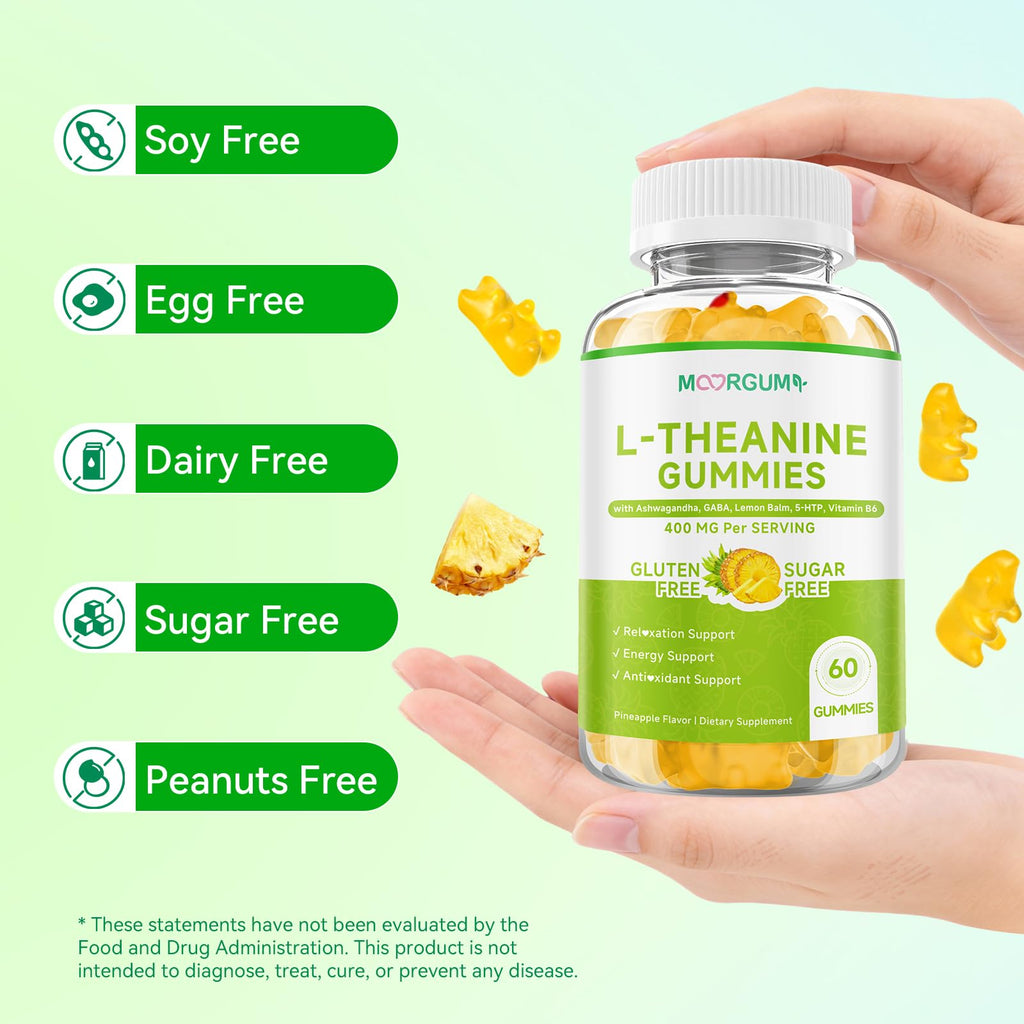 L-Theanine Gummies, 400mg l'theanine Chewable Supplement with Ashwagandha, GABA, Lemon Balm, 5-HTP, Vitamin B6, Support Zzz, Relax & Emotion, Vegan, Non-GMO, Sugar Free, Pineapple Flavor, 60 Count