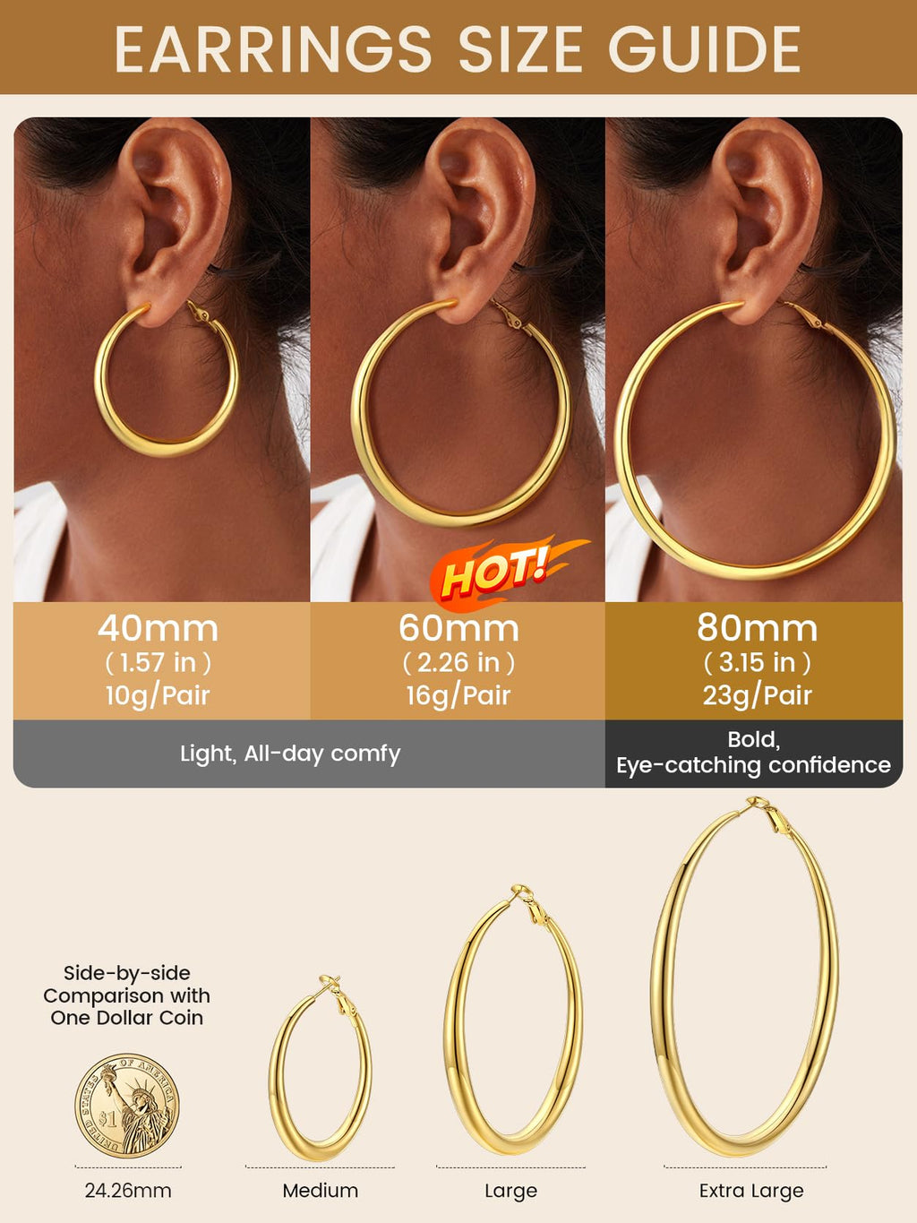 KeyStyle Large Gold Hoop Earrings for Women,5 mm Thick Big Hoop Earrings
