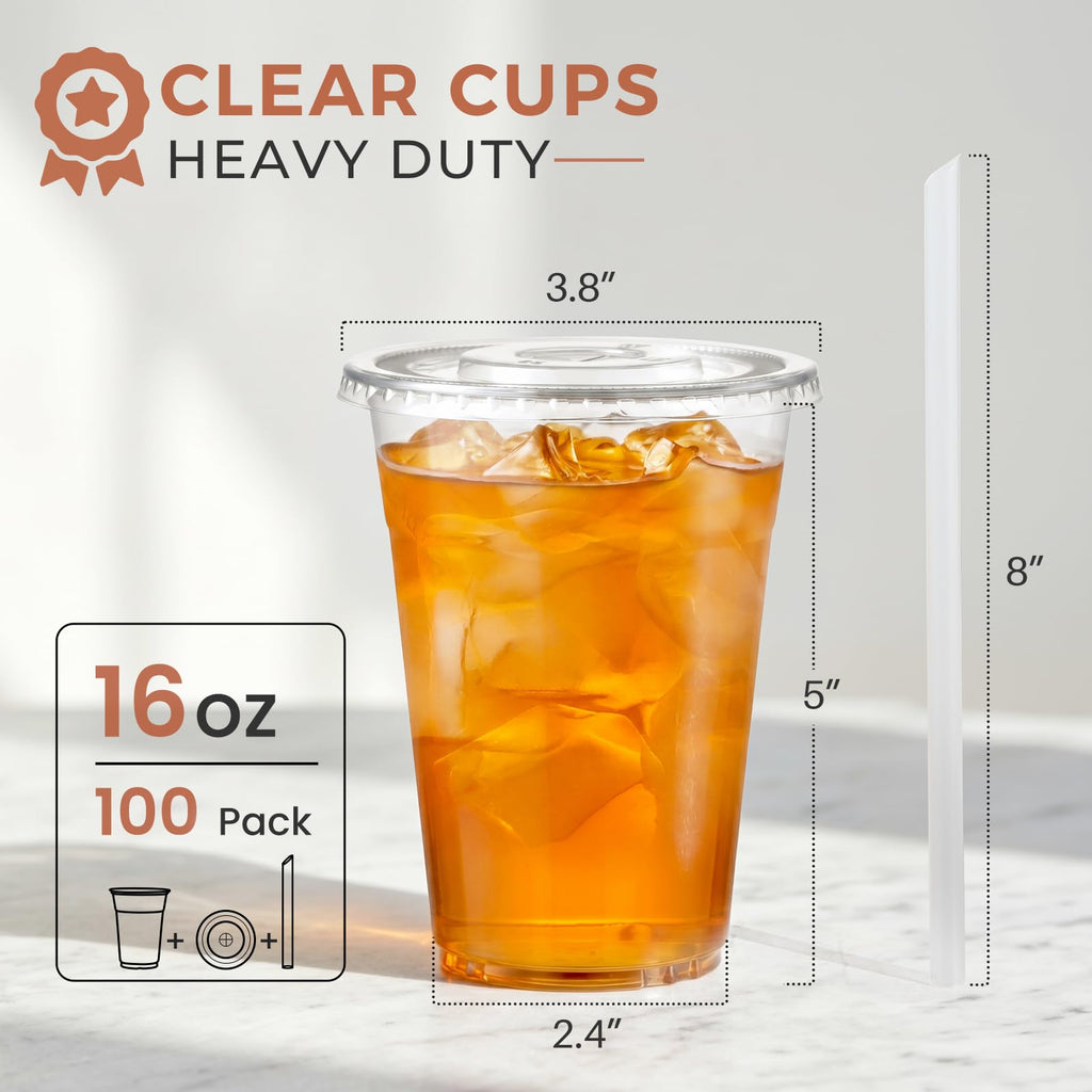 VITEVER [100 Sets - 16oz] Clear Plastic Cups with Lids and Straws, Disposable Iced Coffee Cups for Smoothie, Milkshake, Cold Drinks - BPA free