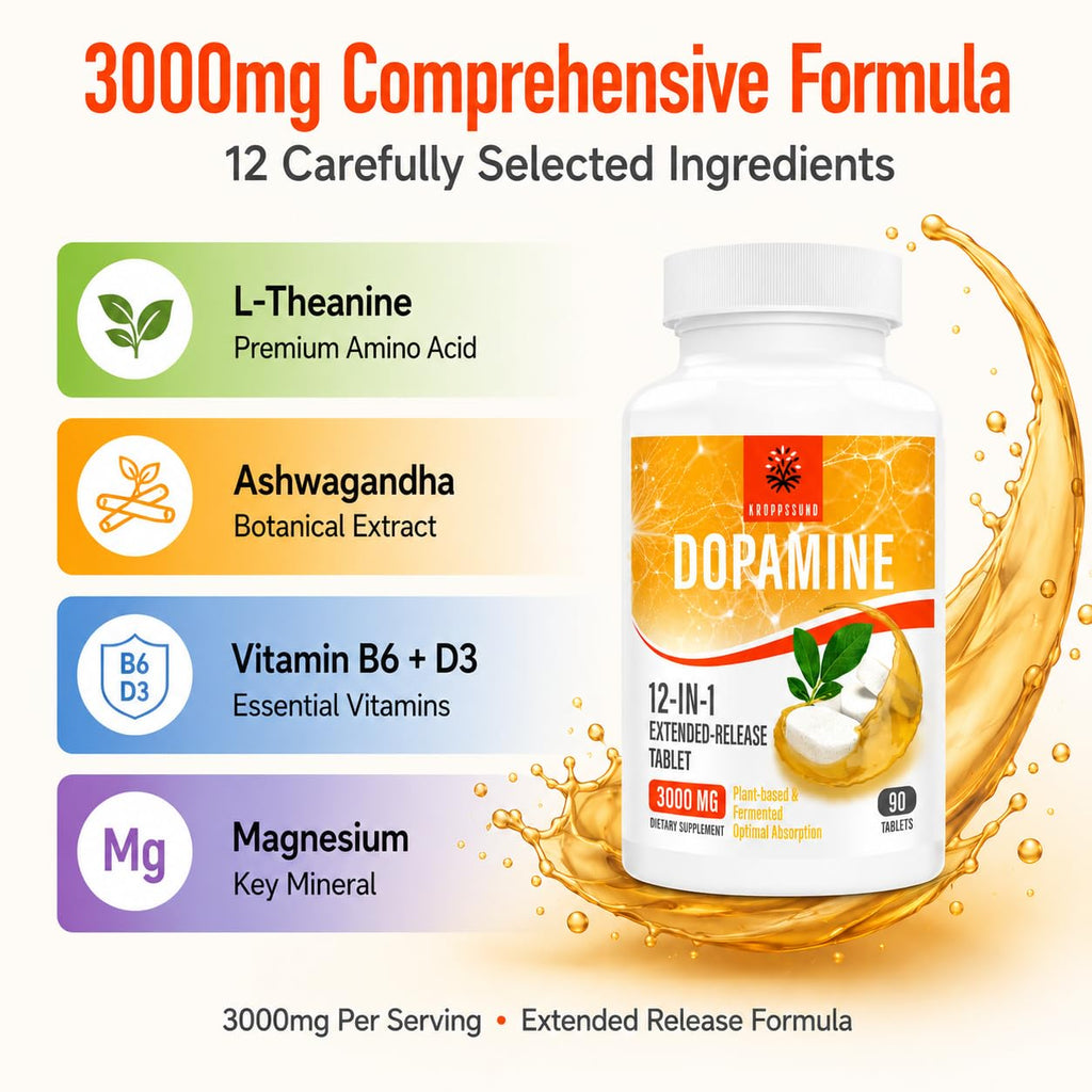 Kroppssund Dopamine Supplements with L-Theanine & Ashwagandha, 12-in-1 Extended Release Formula, 3000mg Per Serving, 90 Tablets (1 Bottle)