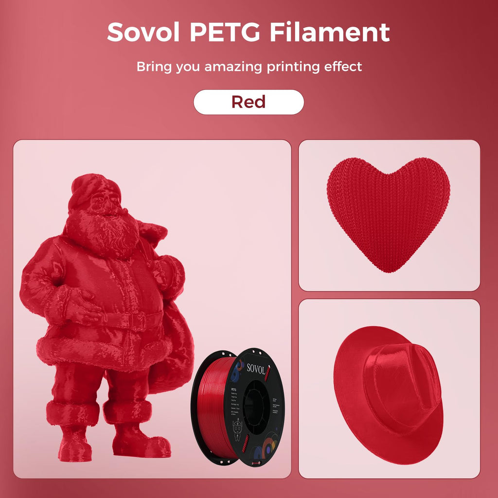 Sovol 3D Printer PETG Filament 1.75mm 1KG (2.2lbs), High Precision, Strong Toughness, Wiring Tightness, Dimensional Accuracy +/- 0.03 mm, 3D Printing PETG Filaments, Red
