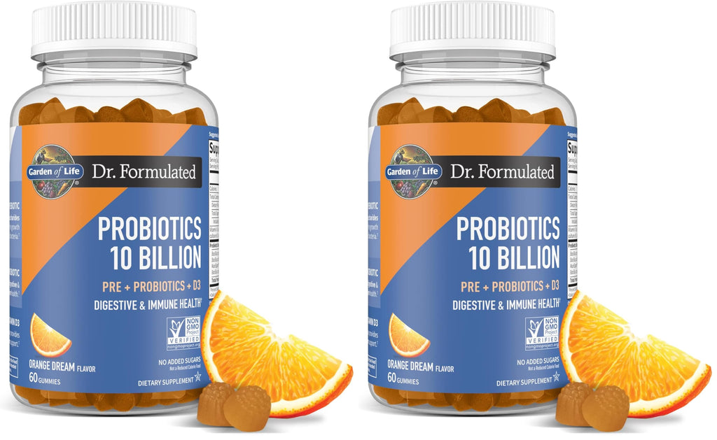 Garden of Life Dr Formulated 10 Billion CFU Prebiotic Fiber&Probiotic Gummies-Vitamin D3 for Digestive and Immune Health – Gluten Free,Non GMO,No Added Sugar,Orange Dream Flavor,60 Gummies(Pack of 2)