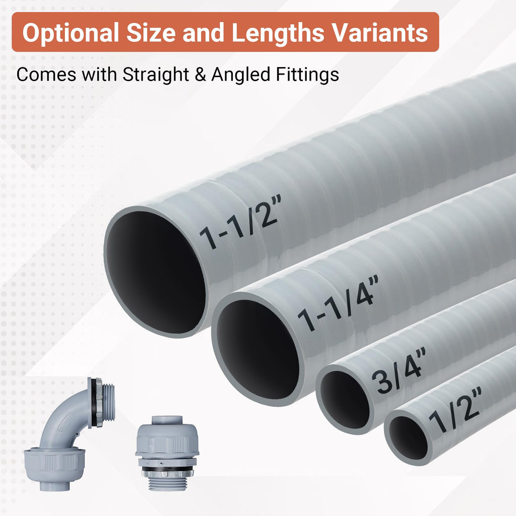 Neorexon Liquid-Tight Conduit 50 ft and 10 Pieces of Connector Kit, Electrical Conduit 1/2 50ft w/UL Certification, Flexible Conduit with 5 Straight and 5 90-Degree Conduit Connector Fittings