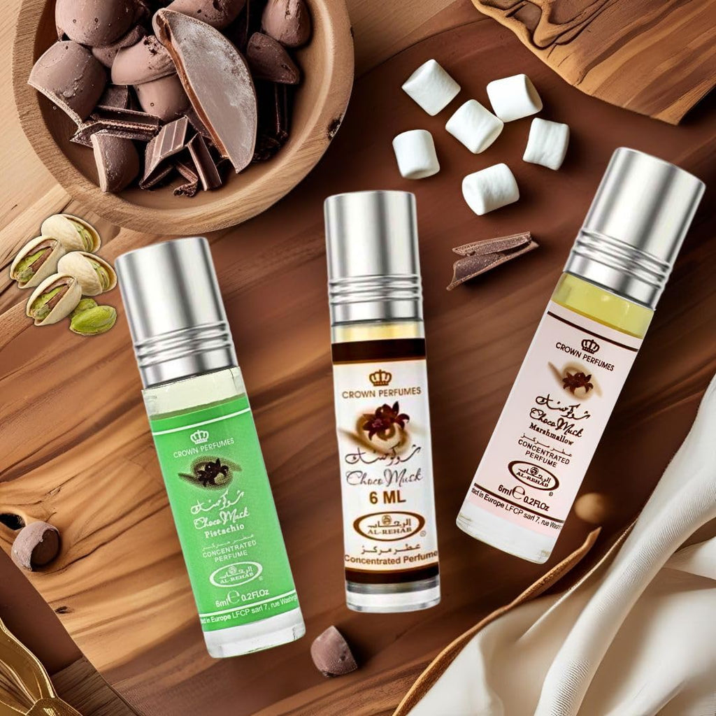 Al-Rehab Choco Musk Perfume Oils - Original, Marshmallow & Pistachio 6ml (0.2 oz) | Sweet Gourmand Fragrance | Chocolate, Vanilla, Fruity & Nutty Scents | Long-Lasting Roll-On Fragrance Oils (Bundle)