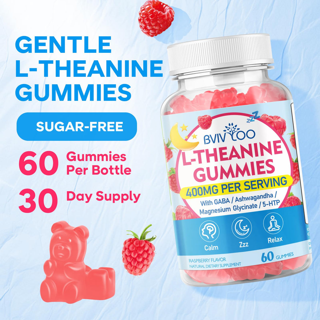 BVIVLOO L-Theanine Gummies with L-Theanine 400 mg, Ashwagandha, GABA, 5-HTP, Magnesium Glycinate for Calm, ZZZ & Relaxation Support - Vegan, Raspberry Flavor, 120 Count