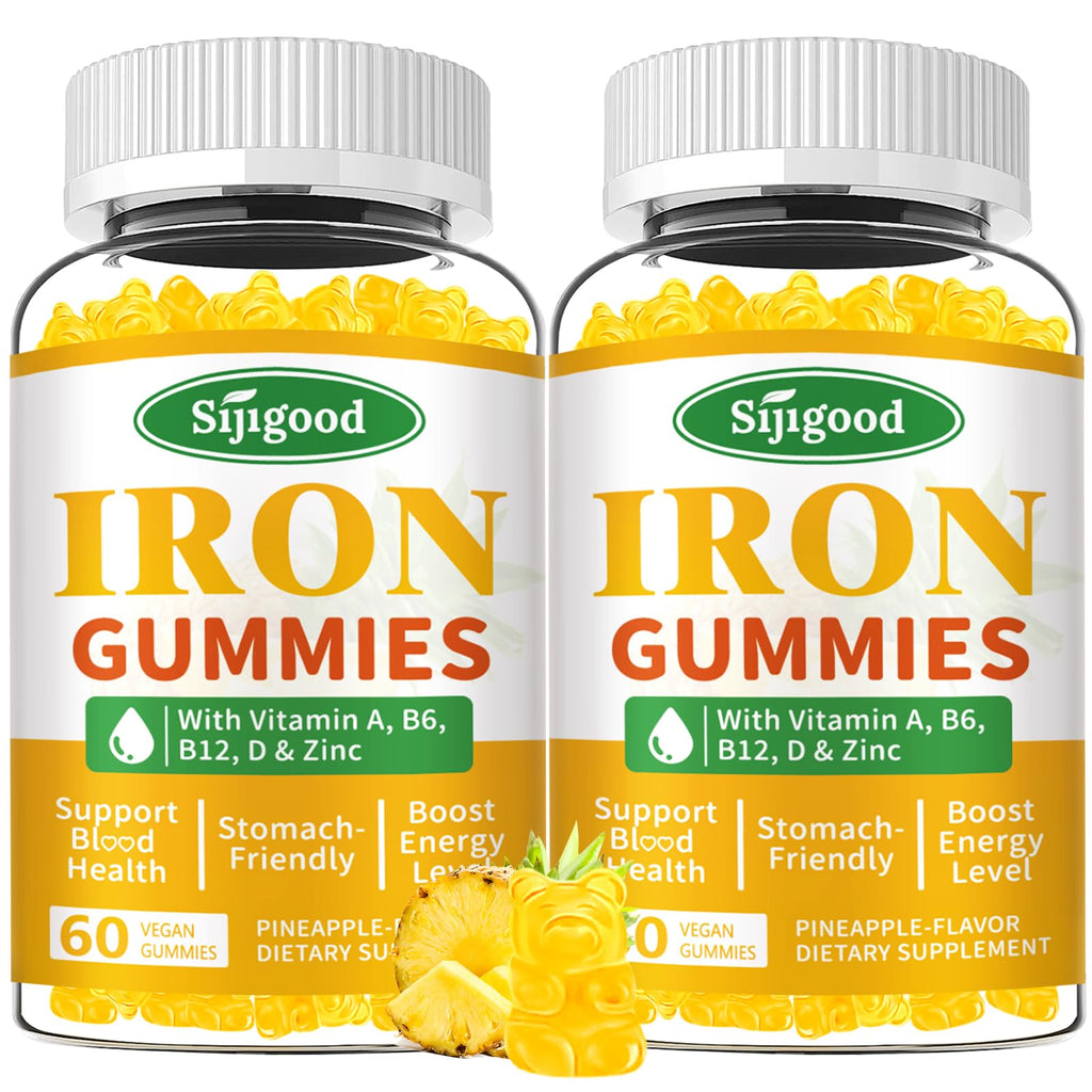 2 Pack Iron Gummies for Women & Men - Vegan Iron Supplement for Anemia & Iron Deficiency, with Vitamin B12, Vitamin C, Zinc, Folate - Energy Boost, Sugar-Free, Pineapple Flavor, 120 Count