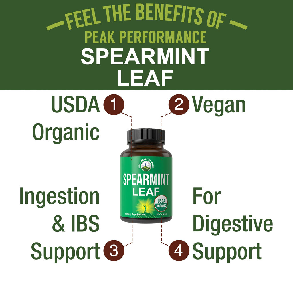 Peak Performance USDA Organic Spearmint Capsules. Organic Vegan Spearmint Leaf Pills for Digestive Support, Ingestion, and More. USA Tested Supplement for Women and Men.