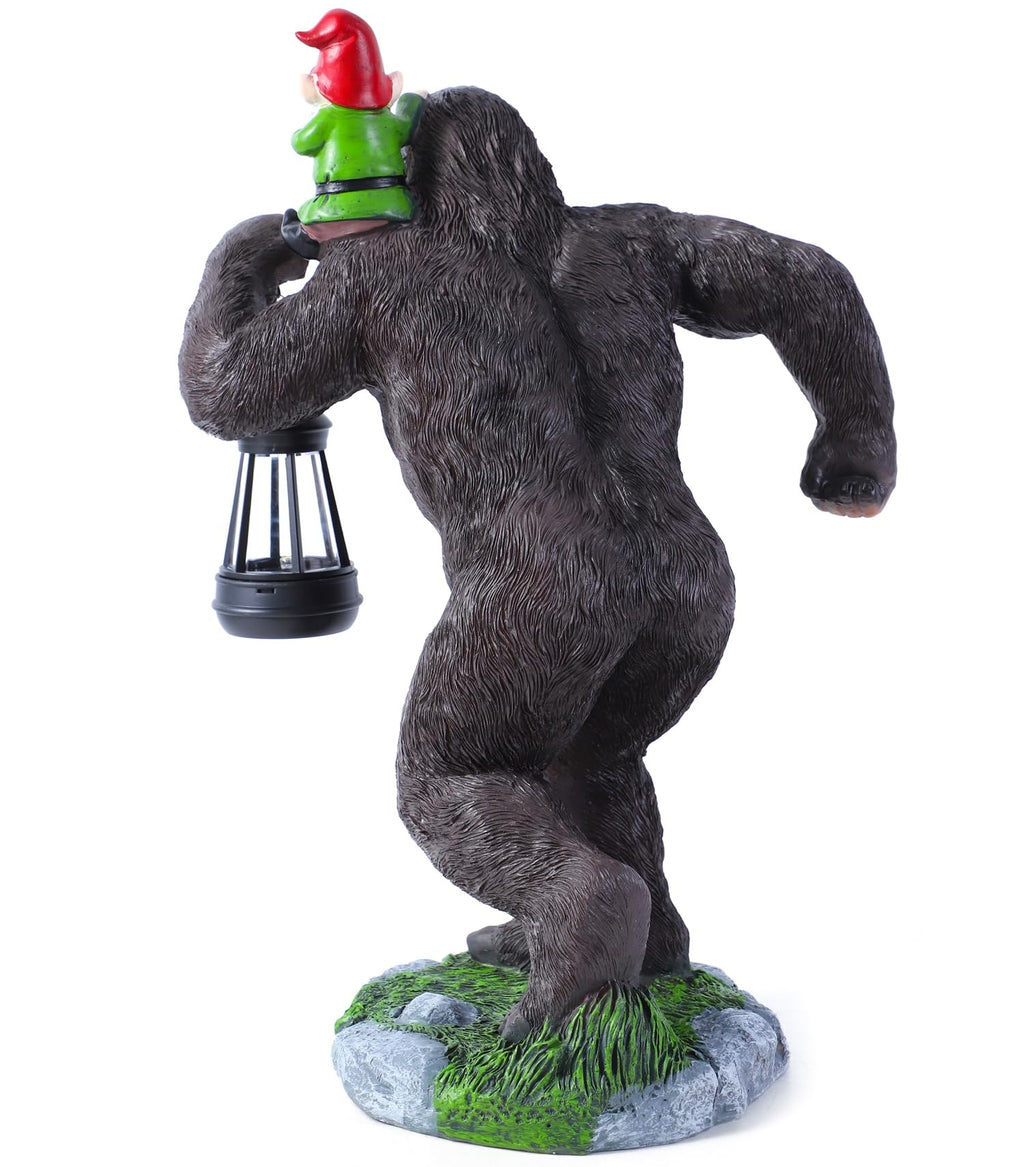 Solar Bigfoot Garden Statue with Gnome & Lantern, 16 Inch Sasquatch Decor