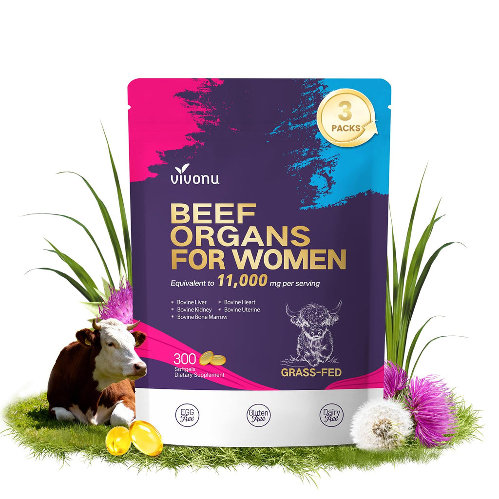 VivoNu Beef Organ Supplement for Women, 300 Day Supply, 11000mg per Serving Beef Organs with Bovine Liver, Ovary, Uterus, Kidney, Heart, Bone & More, 100% Grass Fed, Balance Hormones, Energy, 3 Bag
