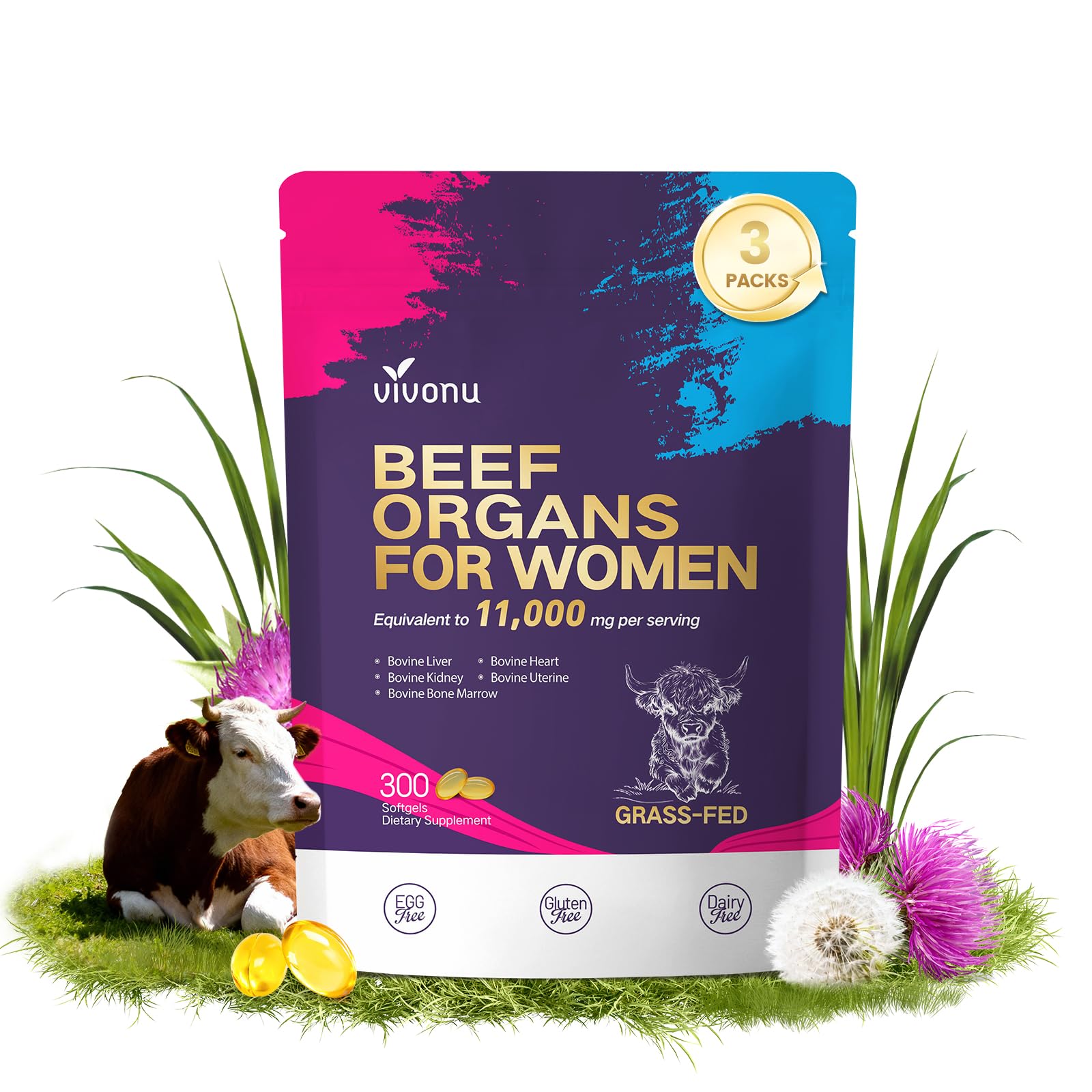 VivoNu Beef Organ Supplement for Women, 300 Day Supply, 11000mg per Serving Beef Organs with Bovine Liver, Ovary, Uterus, Kidney, Heart, Bone & More, 100% Grass Fed, Balance Hormones, Energy, 3 Bag