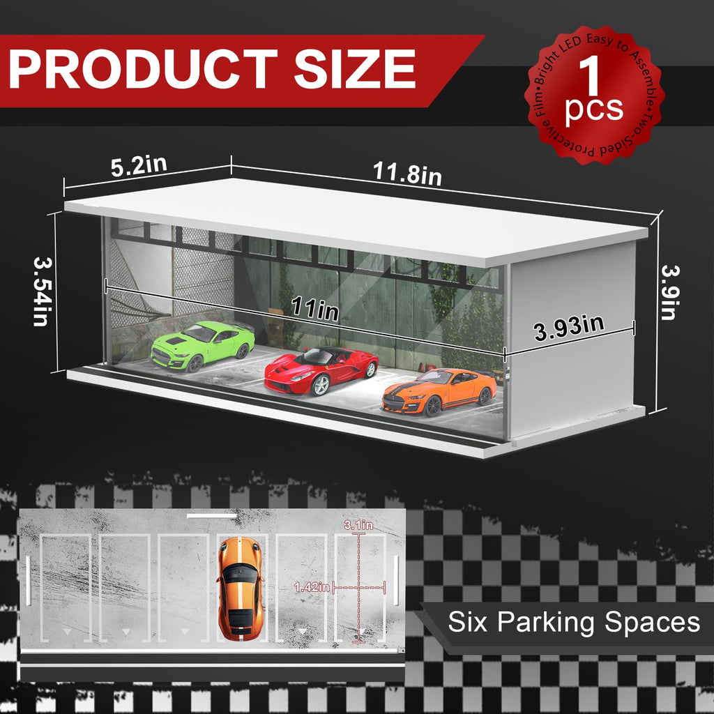 SAMYUCHO 1/64 Scale Diecast Display Case for Hot Wheels Matchbox Cars, Toy Car Model Mini Garage with LED Light and Acrylic Cover, Stackable Parking Lot Diorama Storage for Collection Present