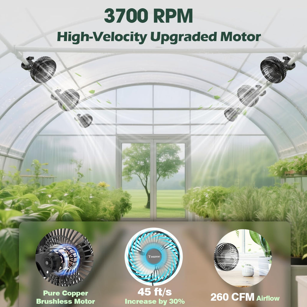 Tonree Grow Tent Fan, 5.5" Greenhouse Clip Fan with Brushless Motor and Non-Slip Clamp, Strong Airflow and Low Noise, 360° Tilt, Easy Mount for Plant Hydroponics Circulation Cooling Ventilation Shed