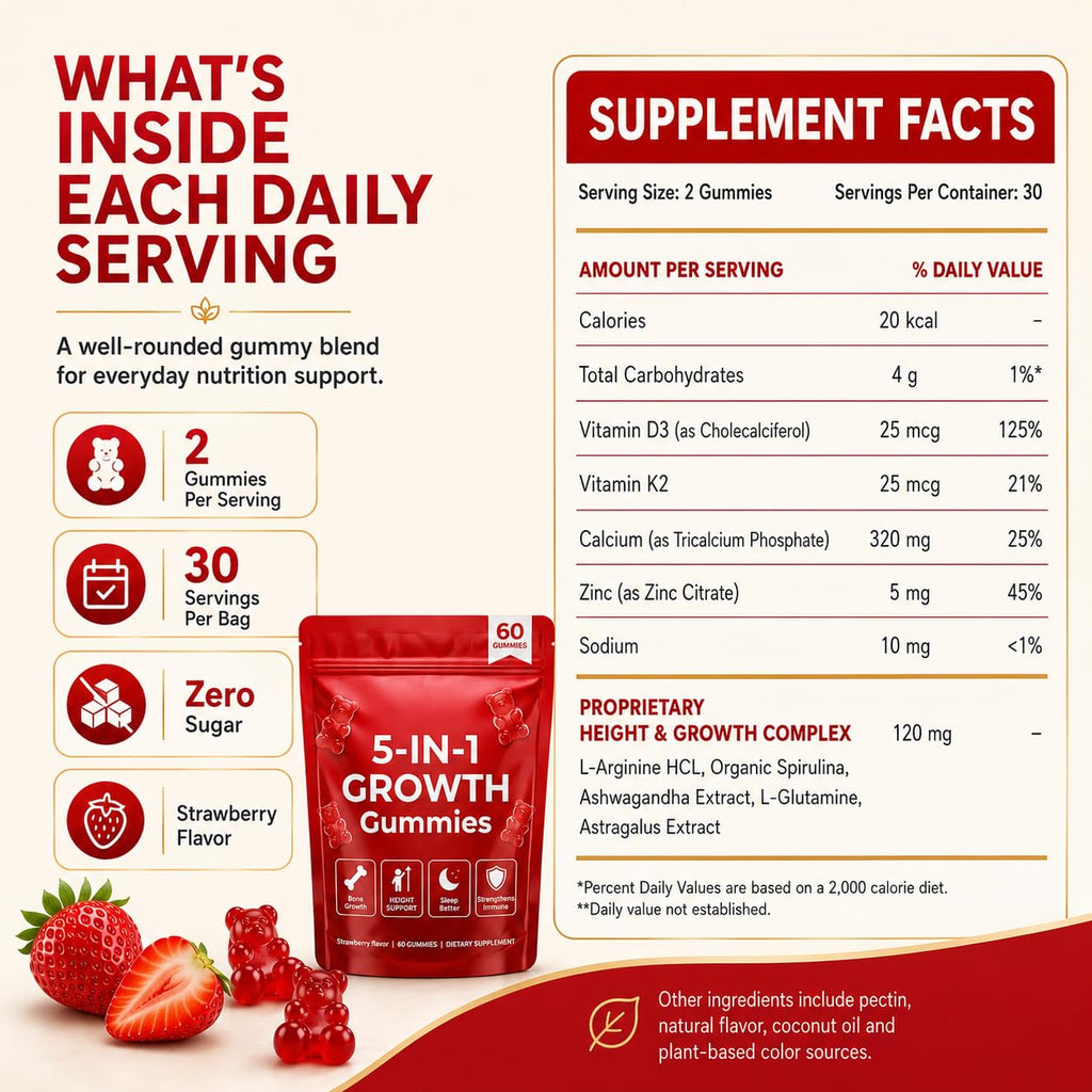 BERSEG 5-in-1 Growth Gummies, Supports Natural Height & Bone Development with Essential Amino Acids & D3, K2, Delicious Strawberry Flavor, 60-Count