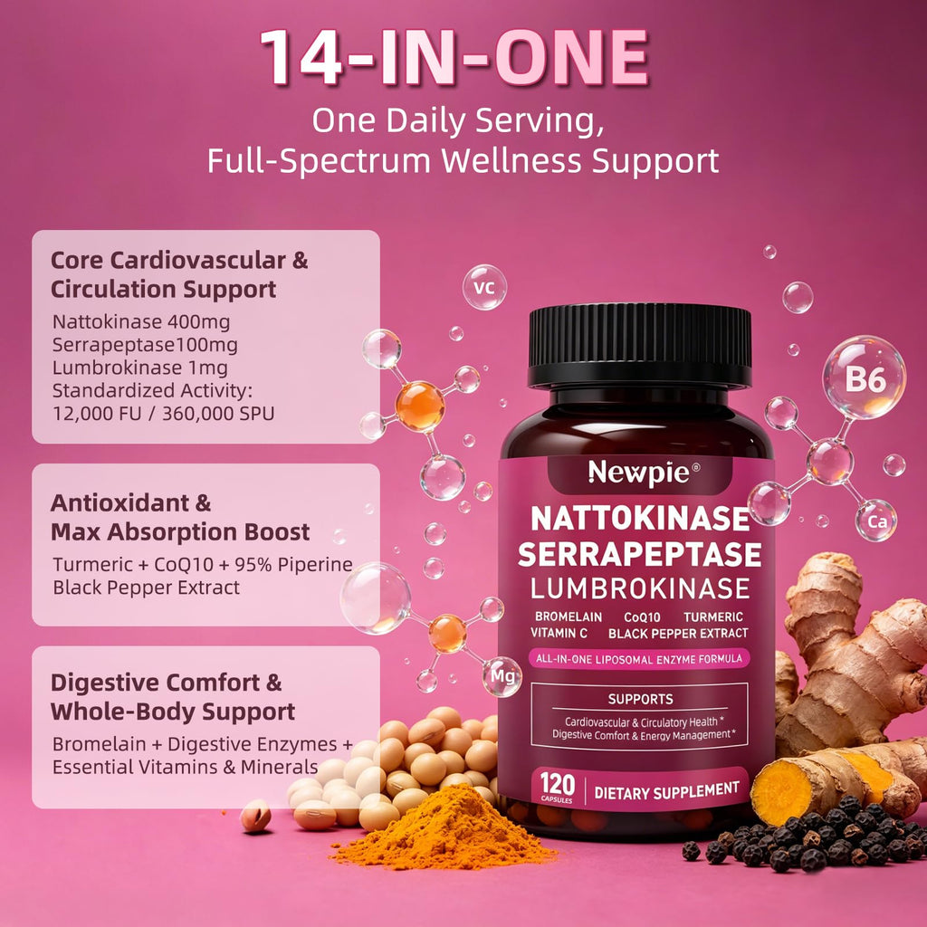Nattokinase Supplement 12,000 FU - Systemic Enzymes Complex with Serrapeptase, Lumbrokinase & CoQ10 - Supports Cardiovascular Health, Blood Flow & Circulation - 120 Non-GMO Vegetarian Capsules