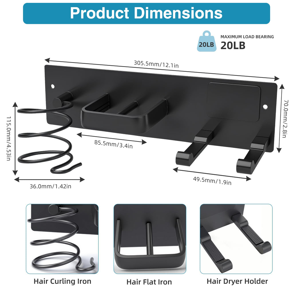 Dovyn Blow Dryer Holder Wall Mount, 3 in 1 Bathroom Hair Tool Organizer with Curling Iron Holder & Flat Iron Holder, Universal Hair Dryer Holder Rack Storage Matte Black