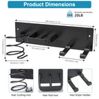 Dovyn Blow Dryer Holder Wall Mount, 3 in 1 Bathroom Hair Tool Organizer with Curling Iron Holder & Flat Iron Holder, Universal Hair Dryer Holder Rack Storage Matte Black