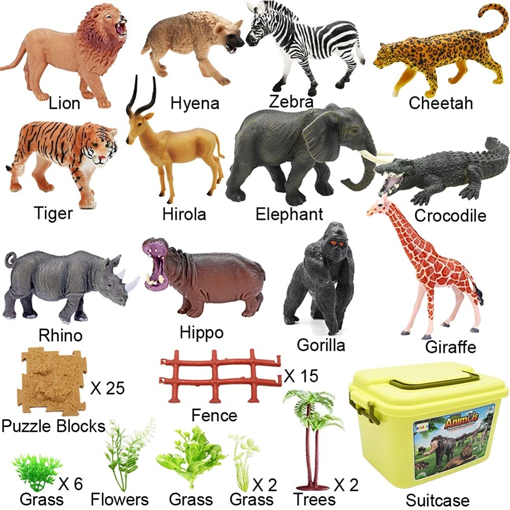 65PCS Safari Animals Figures Toys, Realistic Plastic Jungle Zoo Wild Animals with Fence Building Blocks Storage Box Christmas Birthday Gift for Kids 3-8