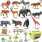 65PCS Safari Animals Figures Toys, Realistic Plastic Jungle Zoo Wild Animals with Fence Building Blocks Storage Box Christmas Birthday Gift for Kids 3-8