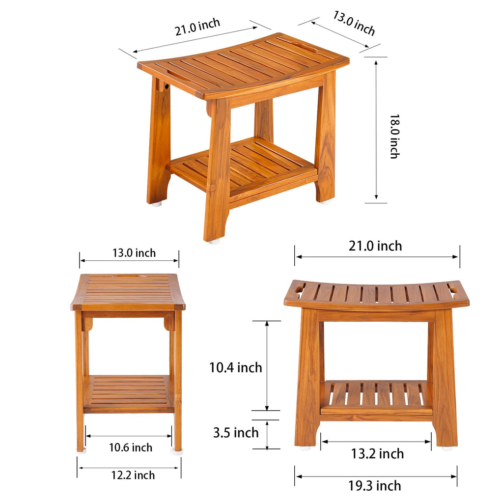 21" Standard Teak Shower Bench with Shelf & Handle - Waterproof, Non-Slip Bath Stool, 300 lbs Capacity - Fits Standard Tubs/Showers & Outdoor Use (Patented)