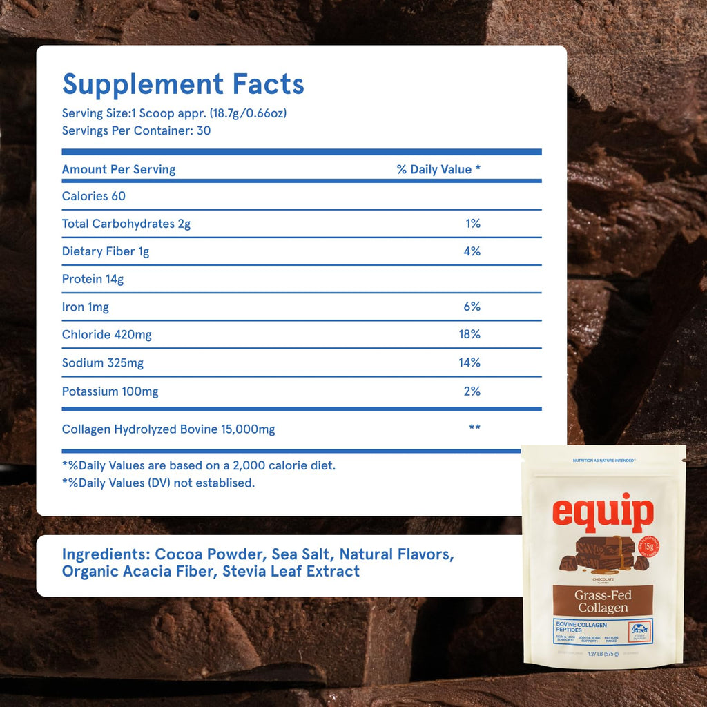 Equip Foods Grass Fed Collagen Powder | Hydrolyzed Bovine Collagen Peptides with Amino Acids | Prime Beef Collagen for Healthy Joints, Skin & Nails | Non-GMO, Paleo Friendly | 30 Servings, Chocolate