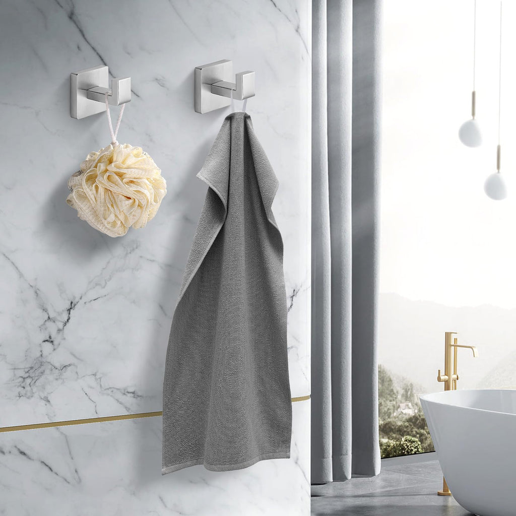 Fenas Heavy Duty Stainless Steel Towel Hooks, Wall Mounted Square Robe Hooks for Bathroom, Kitchen, Bedroom, Hotel Brushed Nickel 2 Pack