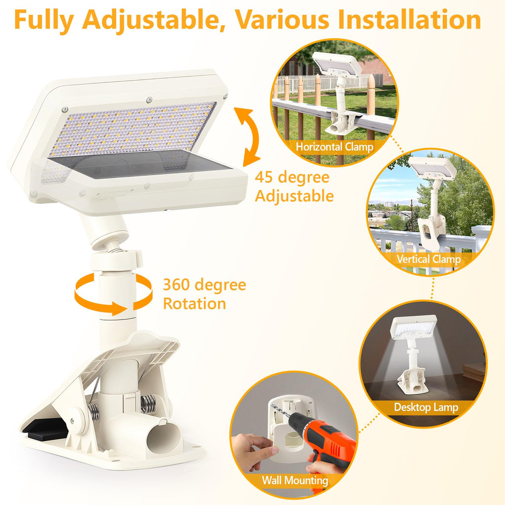 Clip On Solar Lights Outdoor with Motion Sensor, 360°Rotatable & Vertically Adjustable Solar Fence Lights with 92 LEDs (600 LM, 6000 K),IP65 Waterproof Security Light for Deck, Gutter（White, 1 Pack）