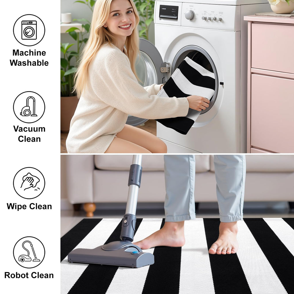 OLANLY Fall Door Mat, Black and White Striped Halloween Rug, 2'4" x 3'7"