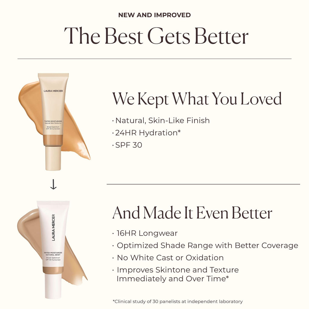 Laura Mercier Tinted Moisturizer Natural Dewy with SPF 30: 24HR+ Hydration, Long Lasting, Sheer to Light, Buildable Coverage, Dewy Finish, Improve Skin Tone and Texture, Skin Tint, Maple