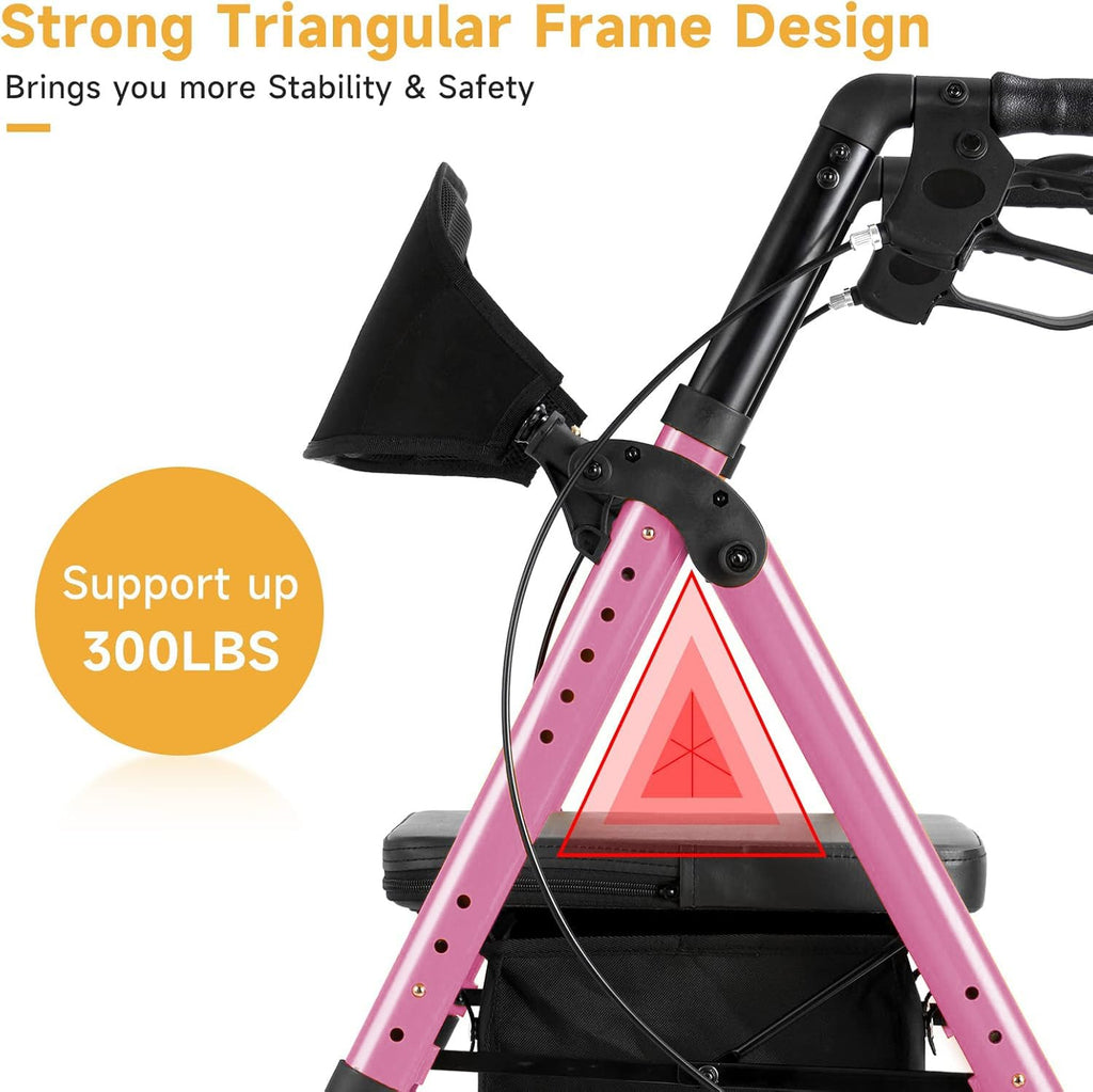 Flyingjoy Lightweight Rollator Walker with Seat & Backrest - Foldable Mobility Aid for Seniors, 8" Airless Tires, Adjustable Height, 300 lbs Capacity, 4 Wheel Rolling Walkers for Seniors Pink