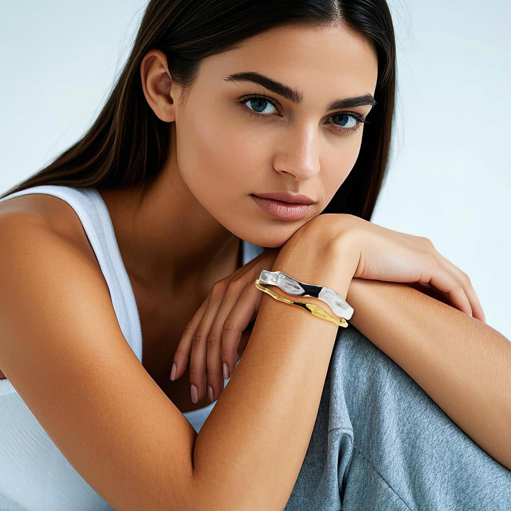 Desnuage Chunky Gold and Silver Cuff Bracelets Sterling Silver Two Tone Open Bangles Double Layer Irregular Wave Hammered Texture Bracelet for Women
