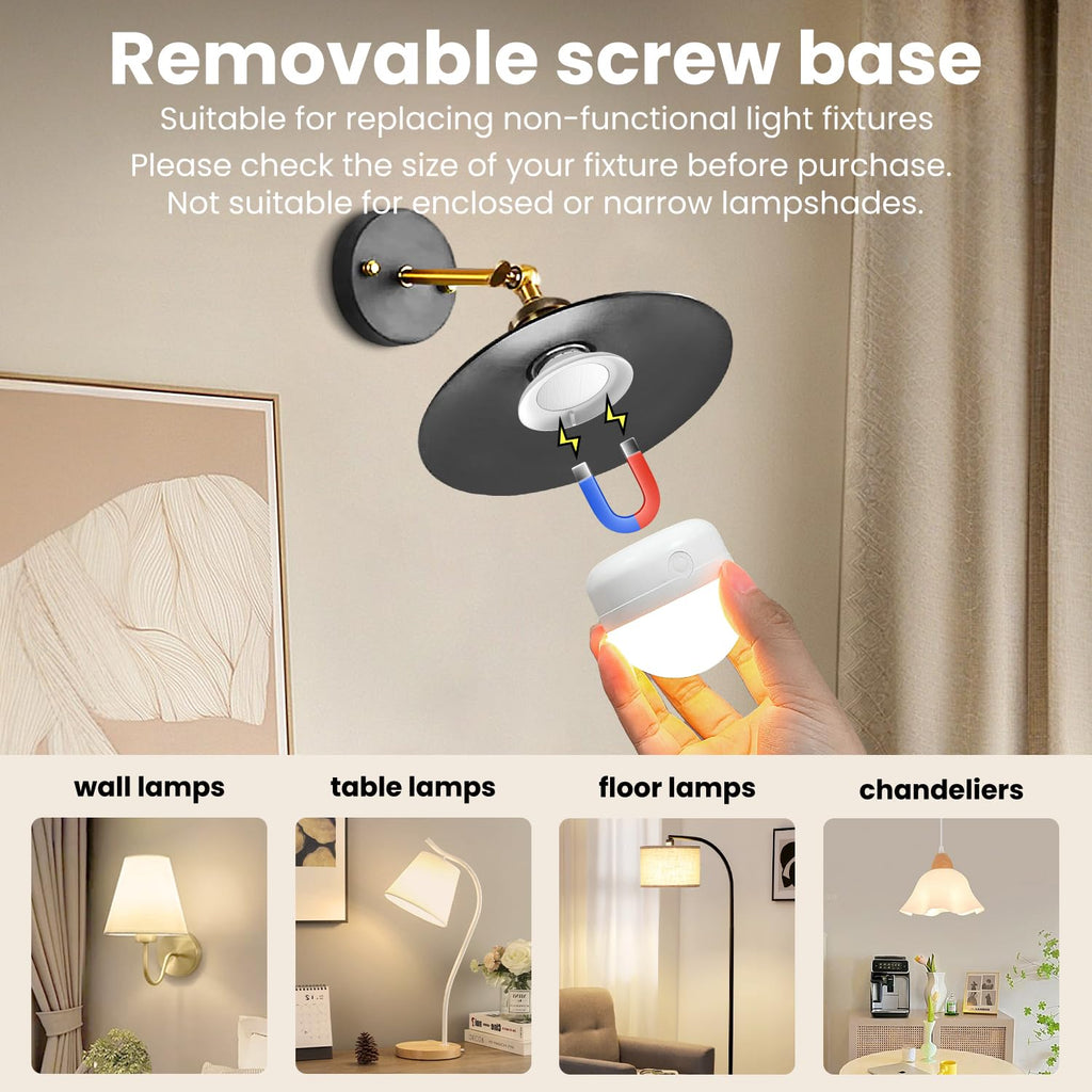 Rechargeable Light Bulb with Remote - E26 2Pack 5W 350LM Dimmable Detachable LED Bulb 3 Color Temperature Options & 3 Timer, 2000mAh Battery Operated Magnetic Bulbs, Bulbs for Non-Hardwired Fixture