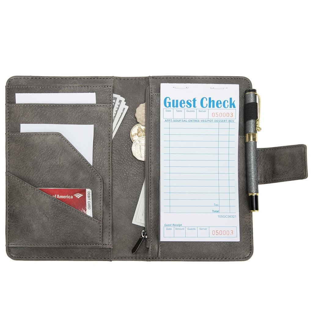 Server Book with Zipper Pocket and Magnetic Closure, Server Books for Waitress, Leather Waitstaff Organizer with High Volume Money Pocket, Fit Server Apron (Grey)
