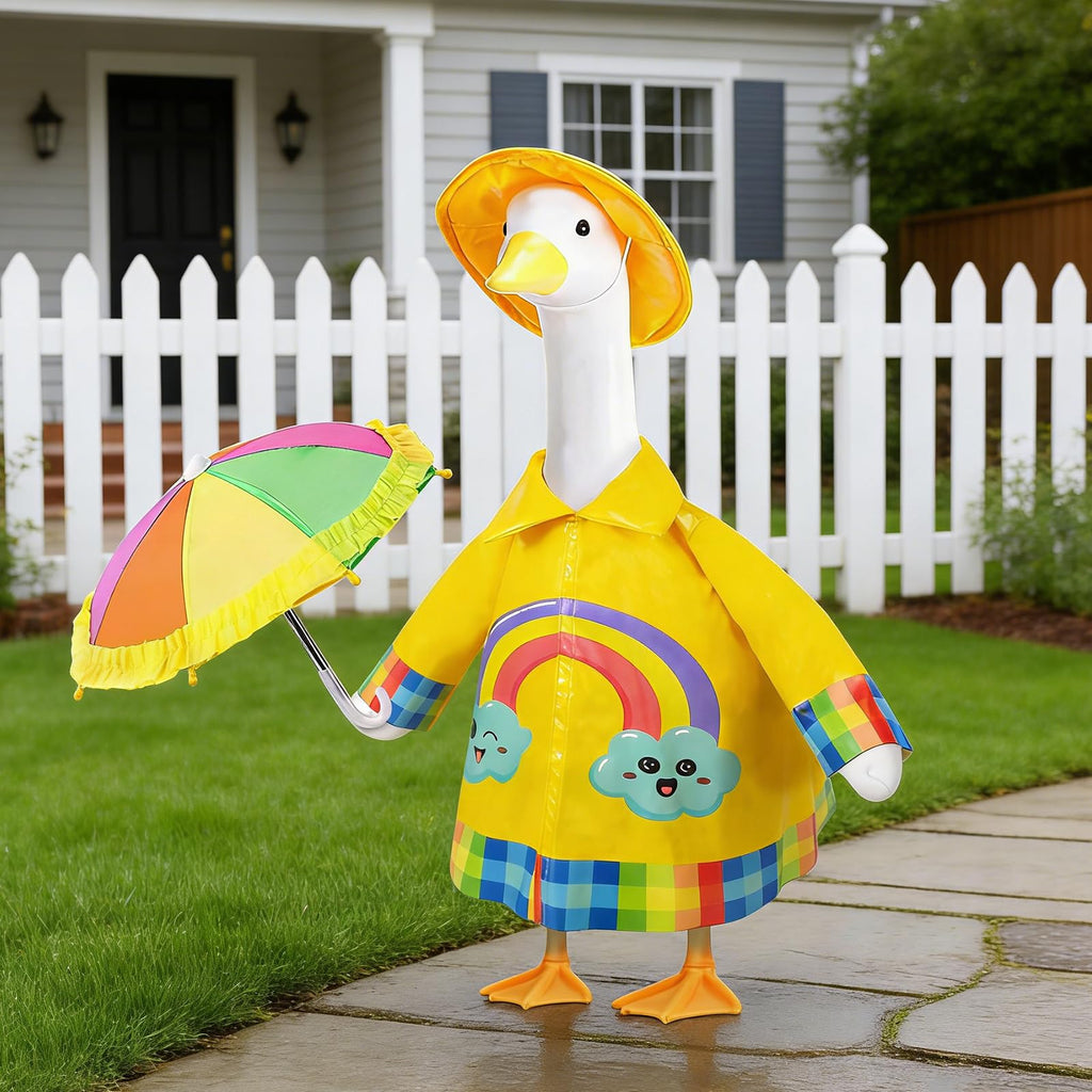 Raincoat Porch Goose Outfits,3 Pcs Waterproof Goose Outfit with Hat, Umbrella,and Raincoat,Funny Summer Lawn Goose Clothes,23" Yellow Cement Goose Statue Costume for Garden Patio Yard Decoration