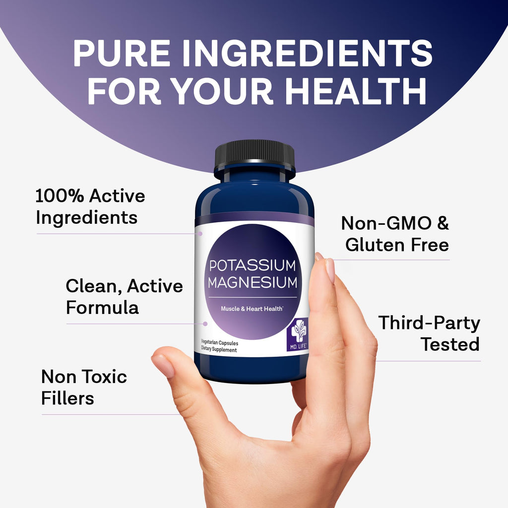 MD. Life Potassium Magnesium Supplement - 90 Capsules - Magnesium Potassium Supplement - High Absorption Complex - Support Vascular Health & Leg Cramp