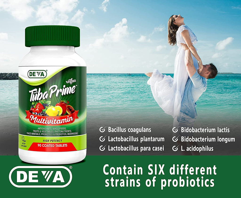 DEVA Tuba Prime Vegan Multivitamin Iron-Free High-Potency Vitamin & Mineral Dietary Supplement Antioxidants, Fruit & Veg Blend, Super Mushrooms, Probiotics, Prebiotics, Seeds, Herbs 90 Tabs 2-Pack