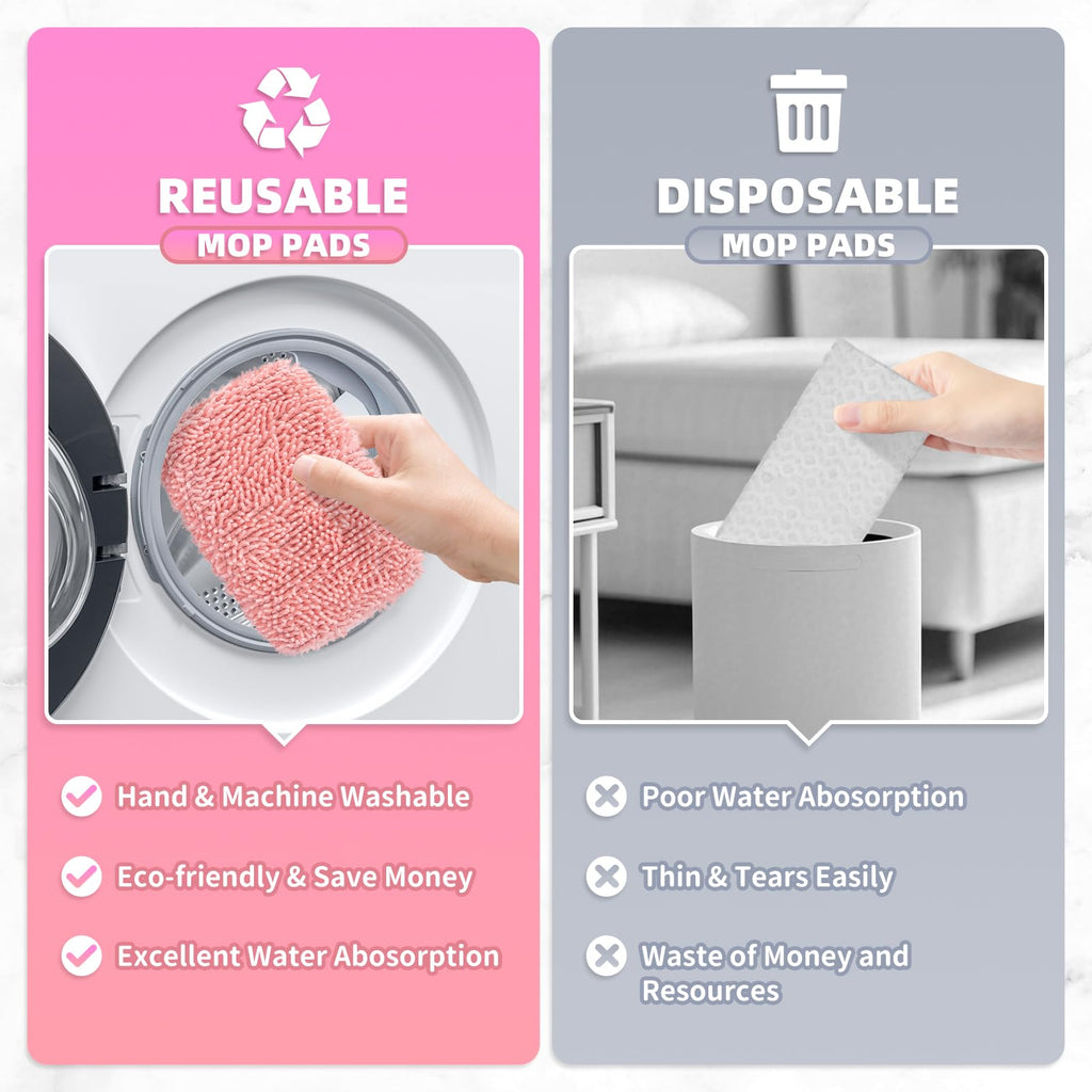 Nicemiya 8 Pack Reusable Mop Pads Compatible with Swiffer Sweeper, Microfiber Chenille Washable Swiffer Mop Pads, Dry & Wet Sweeping Mopping Cloths (Pink)