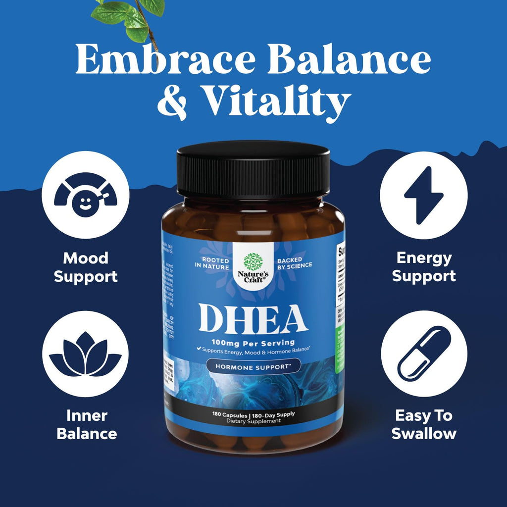 DHEA Supplement for Women & Men - DHEA 100mg per Serving Capsules for Hormone Balance - Promotes Mood Stability Healthy Brain Function & Energy - Dehydroepiandrosterone Capsules - 180 Count